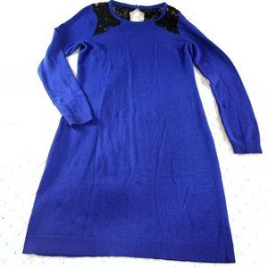 Ann Taylor Lace Sweater Dress Blue Long Sleeve Stretch Knit Pullover Size Small